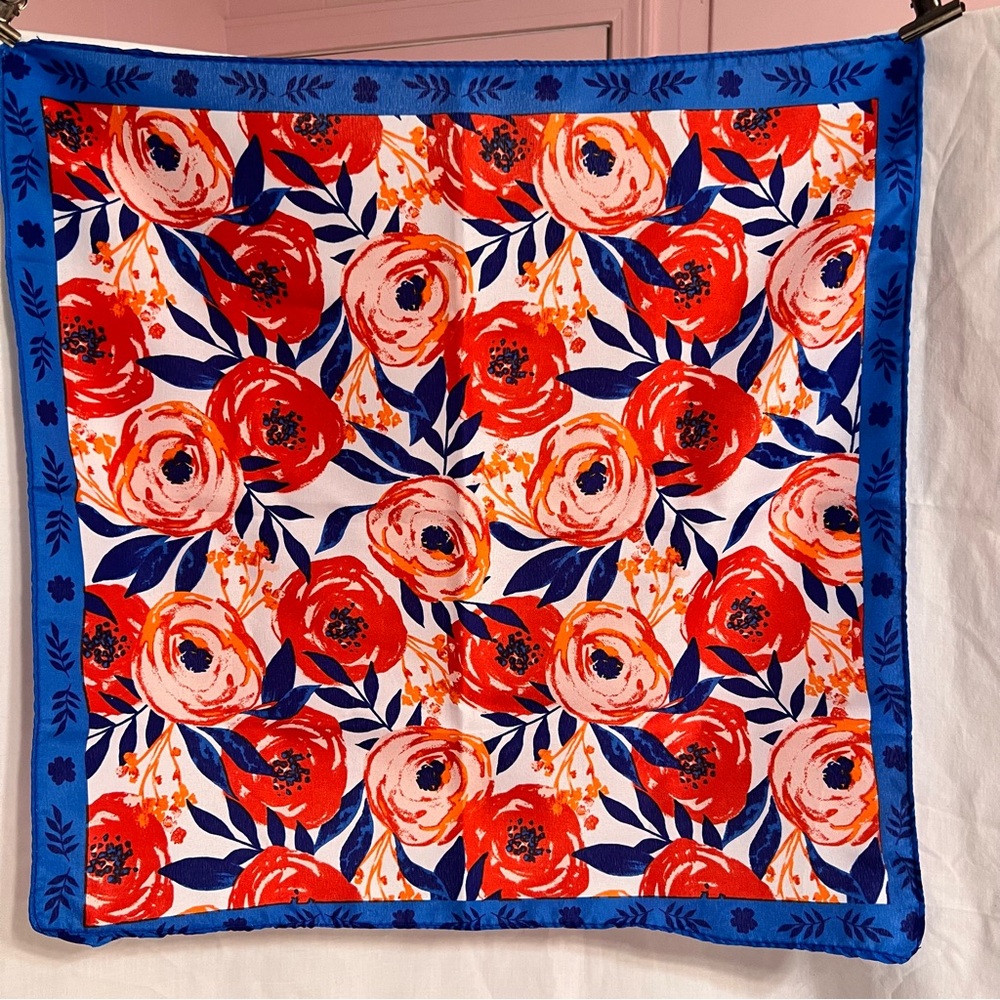 Orange Red Floral Scarf with Blue Border 19x19.5”